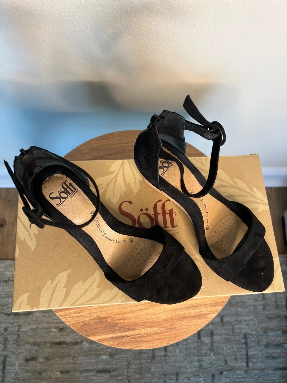 Sofft Black Suede Ankle-Strap Wedge Sandals